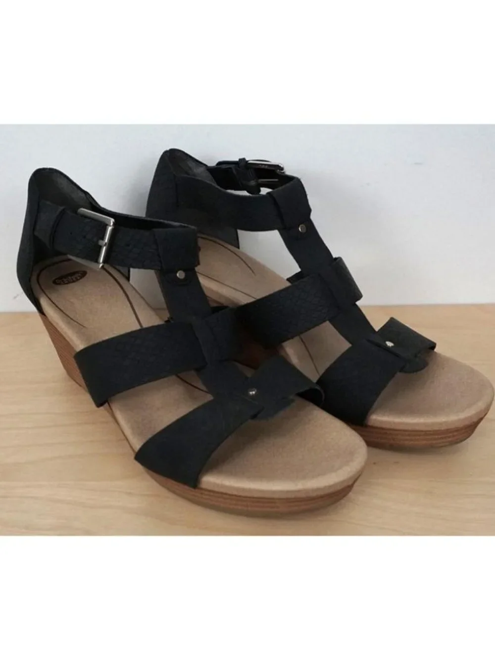 Dr. Scholls Black Barton Ankle Strappy Wedge Faux Leather Sandal Women's 9M